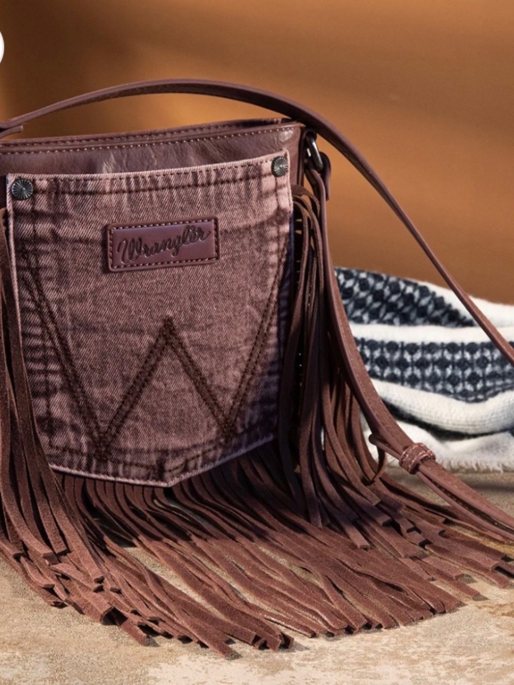 Wrangler Leather Fringe Jean Denim Pocket Crossbody-Light Coffee